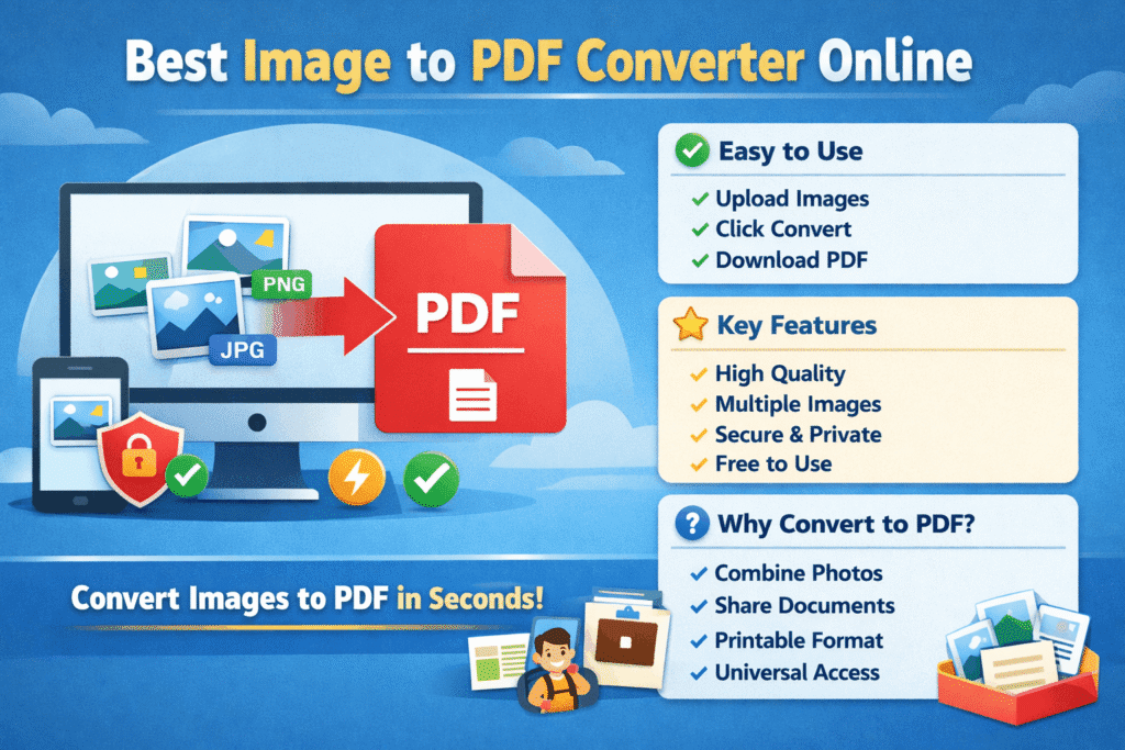 Best image to PDF converter online showing JPG and PNG images being converted into a single PDF file with fast, secure, and easy-to-use features