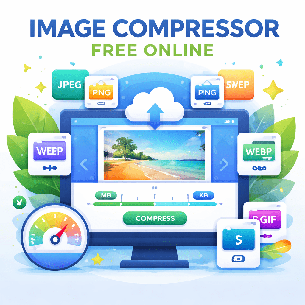 Image Compressor tool showing MB to KB image compression for JPEG, PNG, WebP, GIF, and SVG files