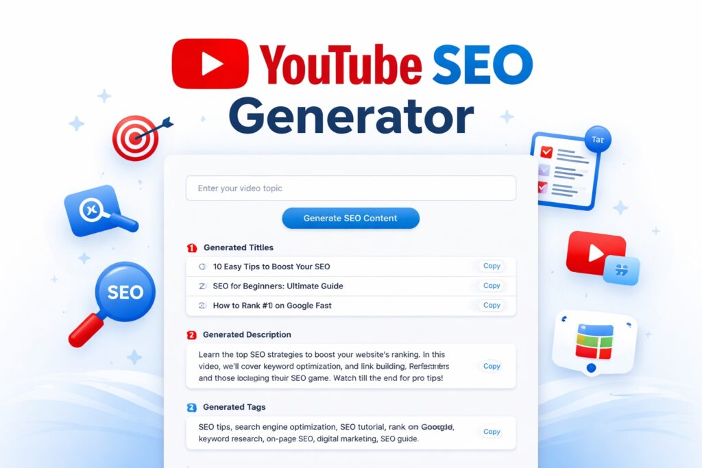 Dashboard interface of a youtube seo generatore online free tool generating optimized video titles, SEO description, keywords, and tags for higher YouTube rankings.