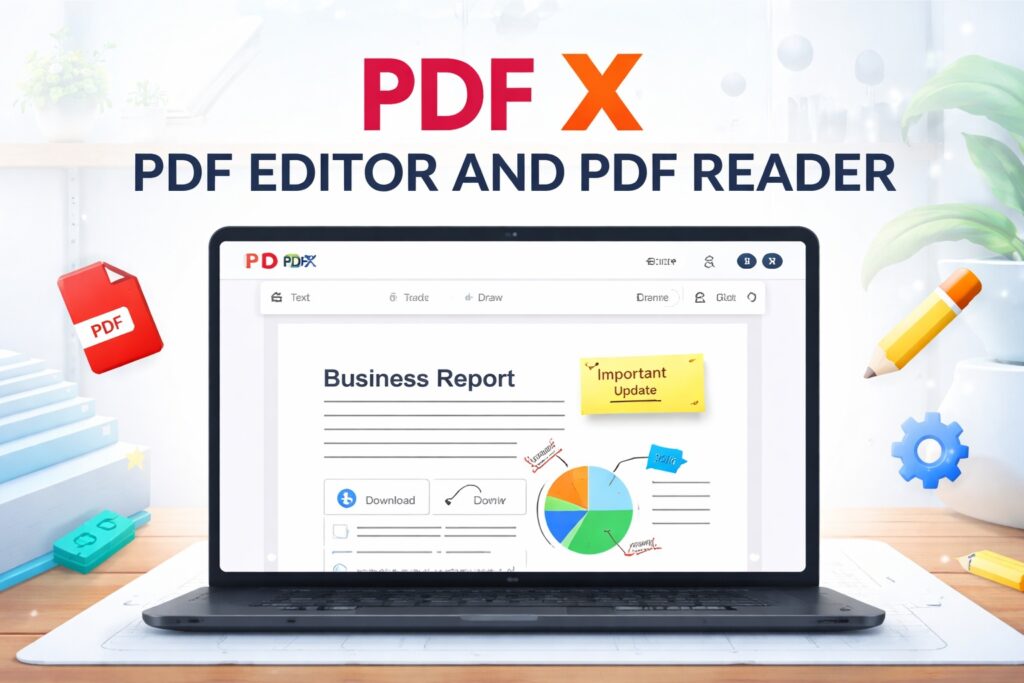PDF X: PDF EDITOR AND PDF READER online free tool showing PDF editing dashboard on laptop screen with text editing, annotation, and document viewer features