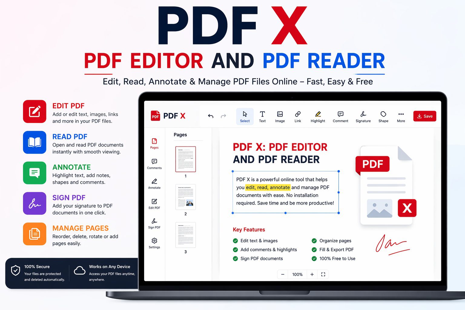 PDF X PDF Editor and PDF Reader online free tool interface showing editing, reading, and annotation features
